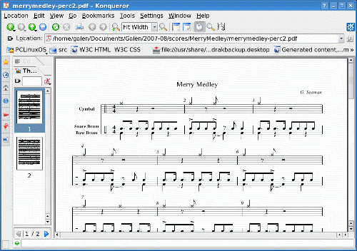 Drum score created in NoteEdit, 2) exported to abc music, 3) used